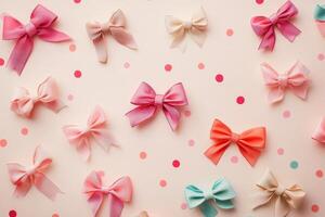 Pastel Pink Bows Arranged On A Beige Background photo