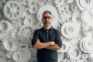 Man with arms crossed stands before white gears photo