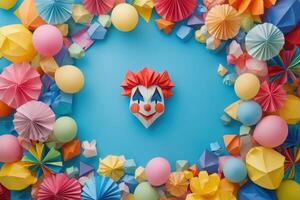 Paper Origami Clown Mask Surrounded by Balloons and Shapes photo