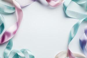 Pastel ribbons form a delicate frame on white background photo