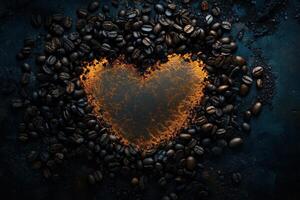 Coffee Beans Forming Heart Shape On Dark Background photo