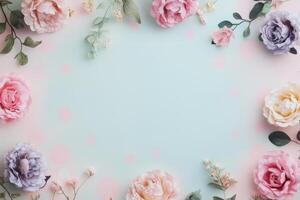 Pastel Roses and Flowers Frame a Blank Background photo
