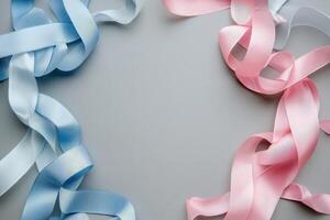 Pink and blue ribbons frame a grey background photo