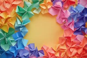 Rainbow Origami Flowers Frame Yellow Background photo