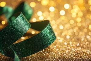 Green Glitter Ribbon on Gold Sparkle Background photo
