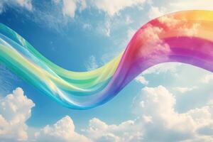 Rainbow Fabric Flows Across A Bright Blue Sky photo