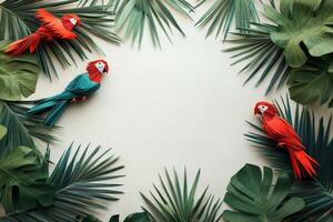 Tropical Paper Birds Framed By Lush Green Leaves photo