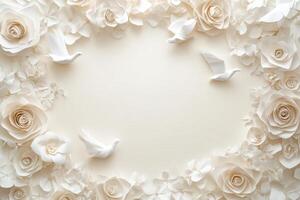 White Paper Flowers and Doves Frame a Blank Space photo