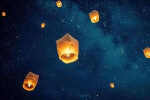Illuminated Sky Lanterns Ascending Against Night Sky photo