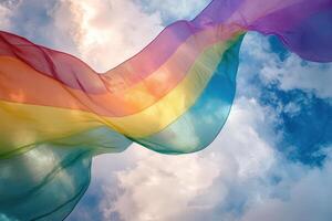 Rainbow flag billowing in a bright cloudy sky photo