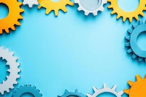 Colorful gears arranged around a light blue background photo