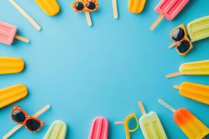 Colorful popsicles and sunglasses arranged on a blue background photo