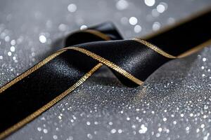 Black Ribbon With Gold Edging On Glitter Background photo