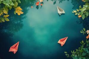 Paper Boats and Autumn Leaves Float on Teal Water photo