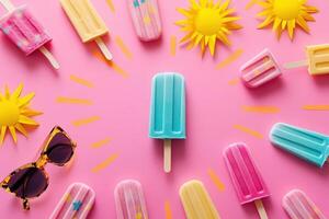 Colorful Popsicles Summer Sun Sunglasses Pink Background photo