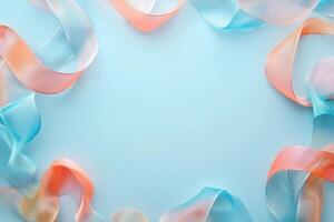 Pastel ribbons form a frame on a blue background photo