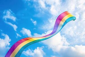 Rainbow flag flowing gracefully in a vibrant blue sky photo