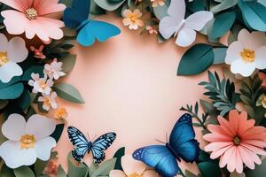 Paper Flowers Butterflies Create Springtime Floral Frame photo