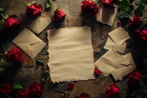 Red Roses and Aged Letters Scattered on Stone photo