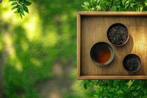 Wooden Tray Holds Tea Leaves And Brewed Tea photo