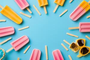 Colorful popsicles arranged around a blue background photo