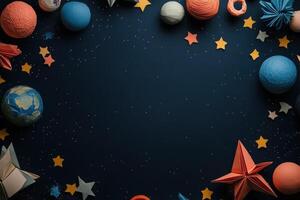 Colorful Paper Planets Stars and Glitter Frame a Dark Background photo