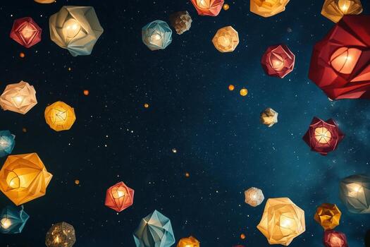 Illuminated Paper Lanterns Floating in Night Sky photo