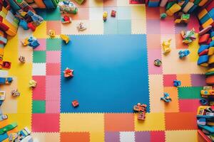 Colorful Play Mat Surrounded By Assorted Toys photo