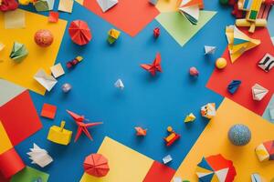 Colorful Origami Creations and Playful Toys Arranged on a Blue Background photo