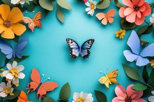 Colorful Paper Butterflies Surrounding Spring Flowers photo