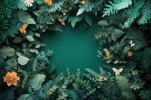 Lush Green Paper Leaves Frame Butterflies Flowers photo