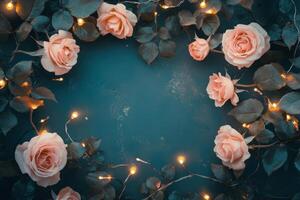 Pink roses and fairy lights create a romantic frame photo