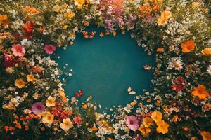 Vibrant wildflowers encircle a teal background with butterflies photo