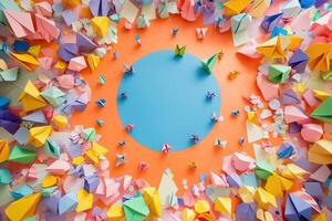 Colorful Origami Paper Creations Arranged Around a Circle photo