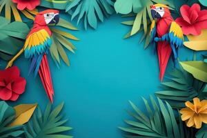 Colorful Paper Macaws Framed by Tropical Paper Leaves and Flowers photo