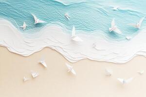 Paper birds fly over a tranquil beach scene photo