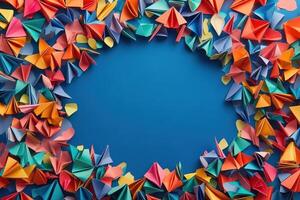 Colorful Paper Airplanes Frame Blue Background photo