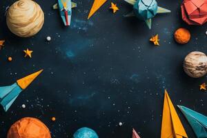 Paper Origami Rockets and Planets in Space photo