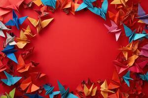 Colorful Origami Birds Arranged In A Circle On Red Background photo
