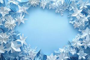 Blue Paper Flowers and Snowflake Border Design photo