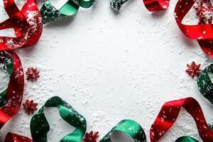 Festive Red and Green Ribbons Frame Winter Snow photo