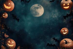 Halloween Jack O Lanterns Bats and Full Moon Night photo