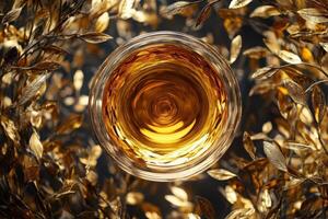 Golden Leaves Surround Amber Liquid in Glass photo