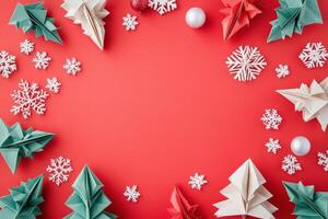 Festive Origami Christmas Trees and Snowflakes on Red photo