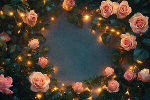 Roses and fairy lights create a romantic floral frame photo