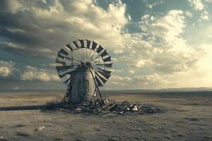 An old windmill in the middle of a desert photo