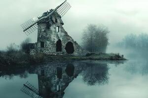 An old windmill sits on the edge of a lake photo