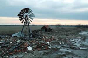 A windmill is sitting in the middle of a field photo