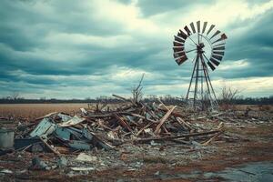 A windmill and a pile of debris in a field photo