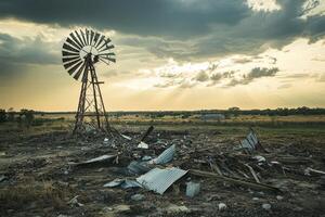 A windmill in a field with a broken down building photo